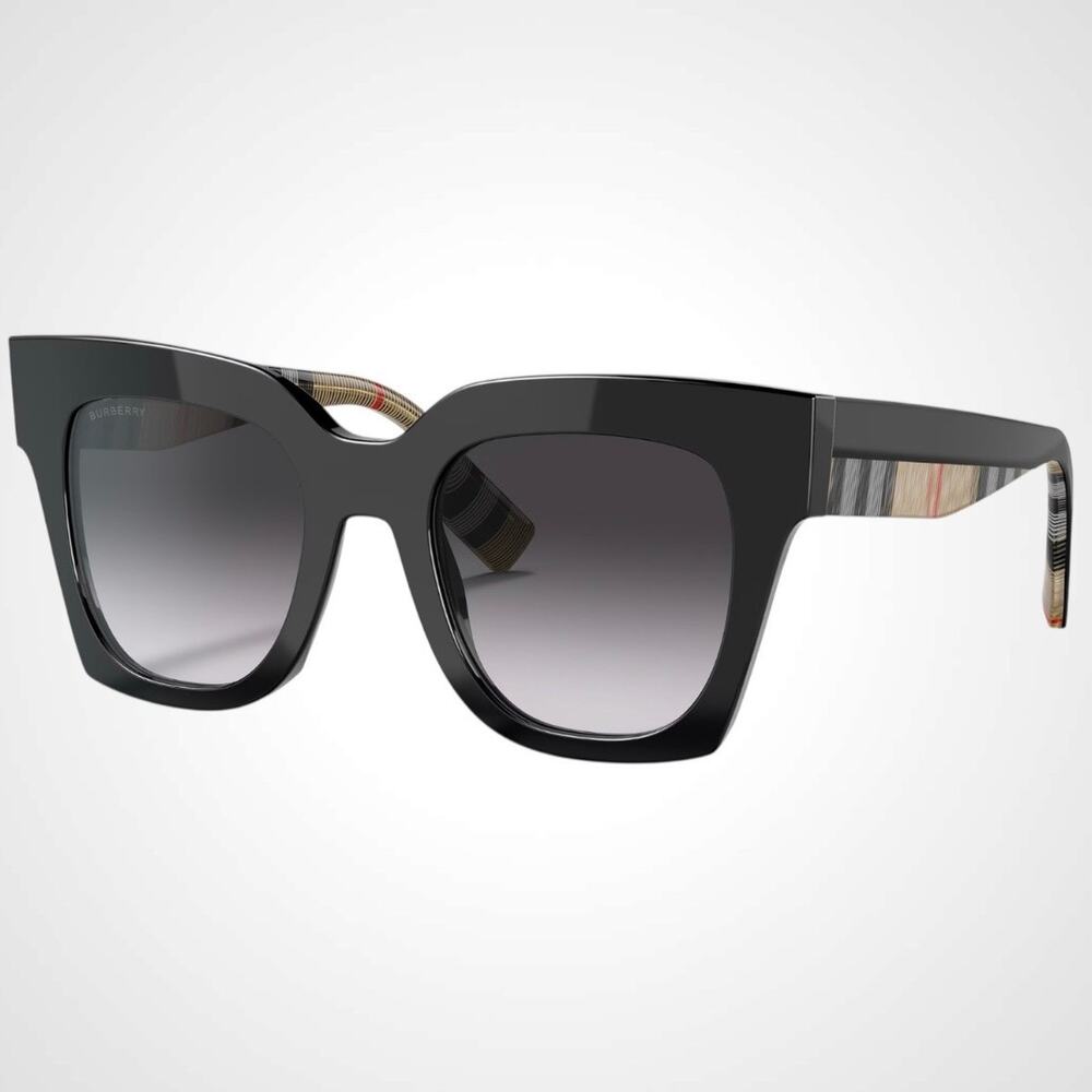 New Burberry Sunglasses Black Square Checkered Arms Womens 49mm BURBERRY